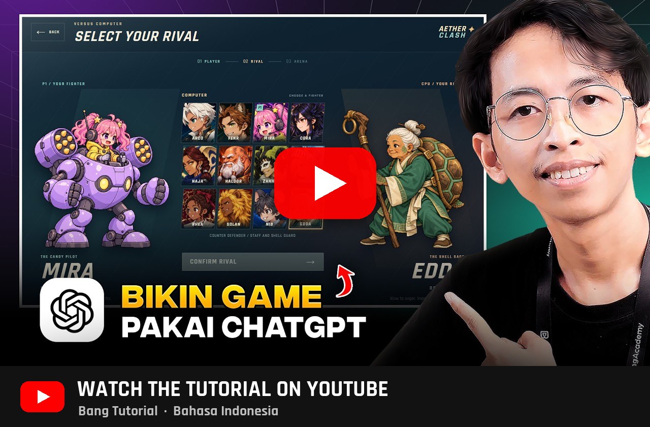 Watch the tutorial on YouTube: Bikin Game Fighting Pakai ChatGPT (GPT-6 Astra + Higgsfield MCP)